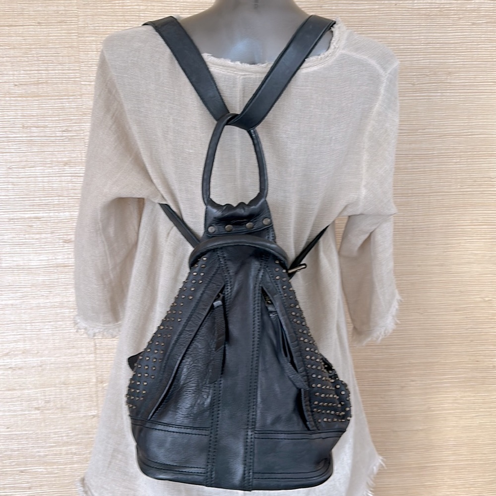 Studded Black Leather Backpack with Gold-Tone Accents - Picture 2 of 12